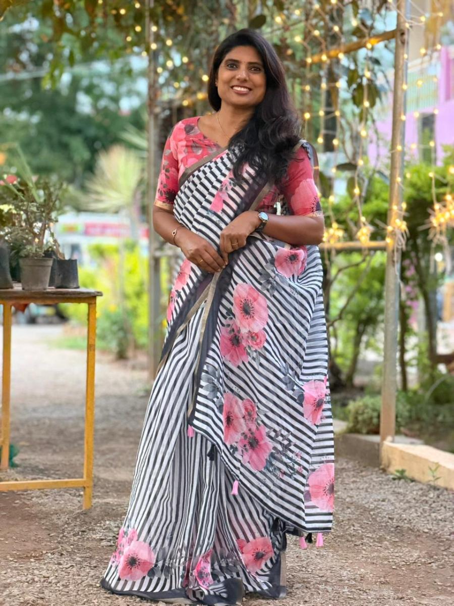 Striped Floral Linen With Ready Wear Blouse