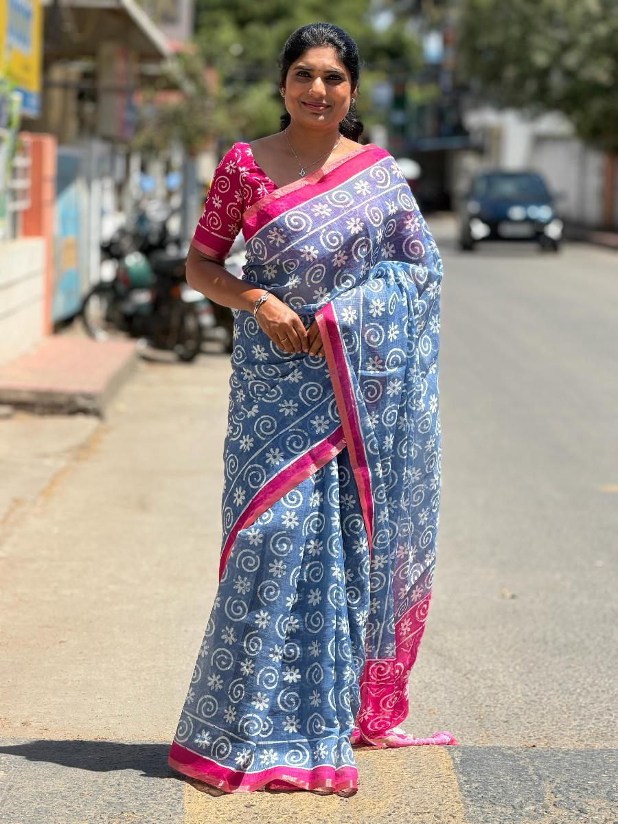 Spiral Floral Linen With Ready Wear Blouse 
