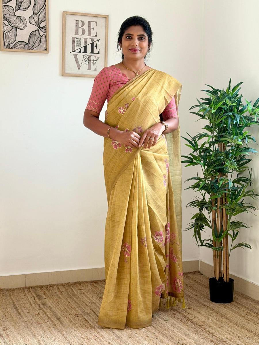 Chanderi Mirror Embroidery With Ready Wear Blouse