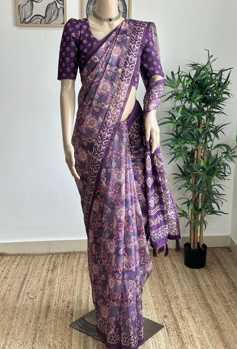 Chanderi Mirror Embroidery With Ready Wear Blouse
