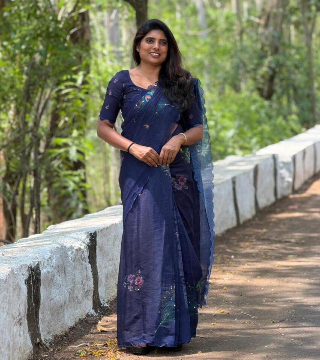 Peacock Sequence Linen With Ready Wear Blouse