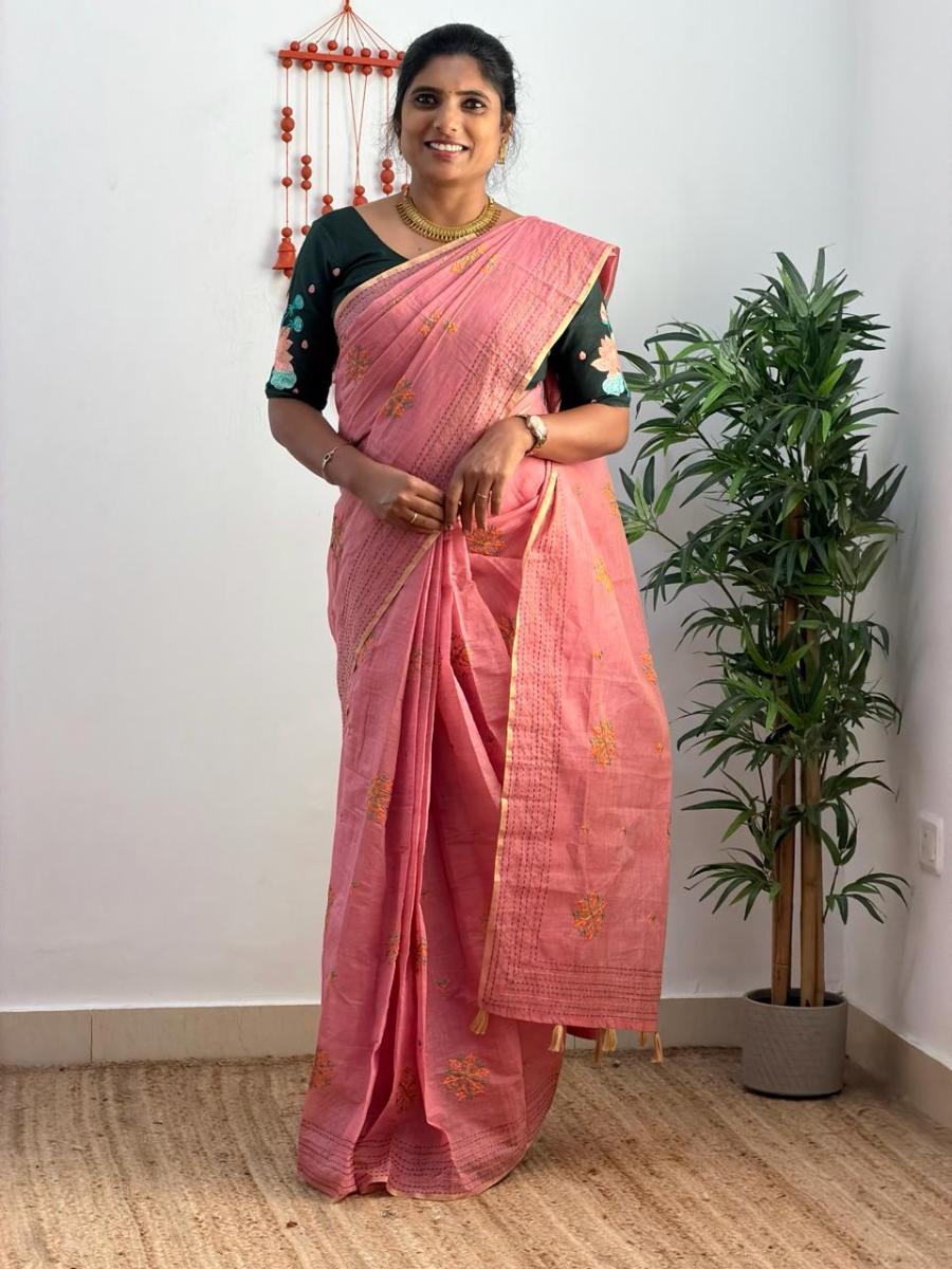 Kantha Stitch Chanderi With Ready Wear Blouse