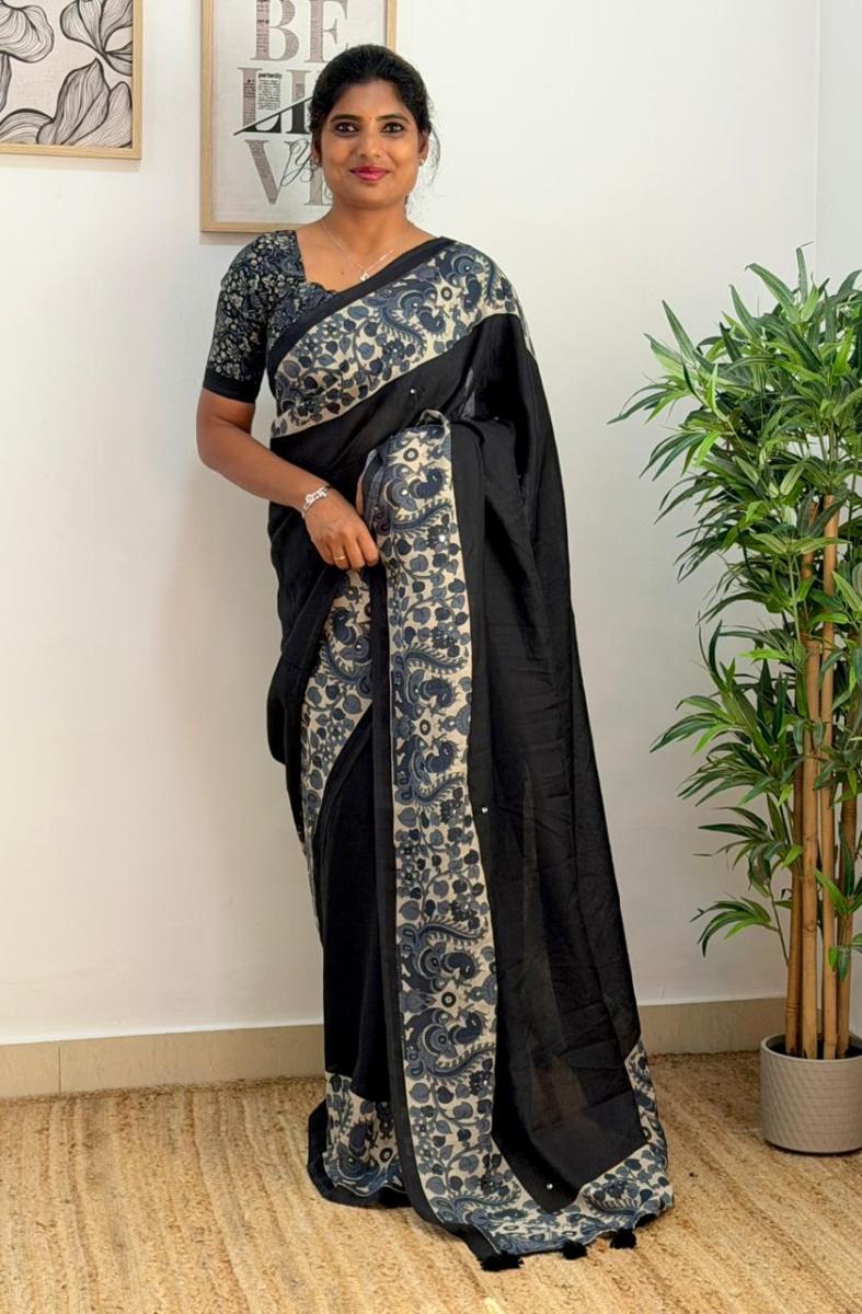 Kalamkari Mirror Linen With Ready Wear Blouse