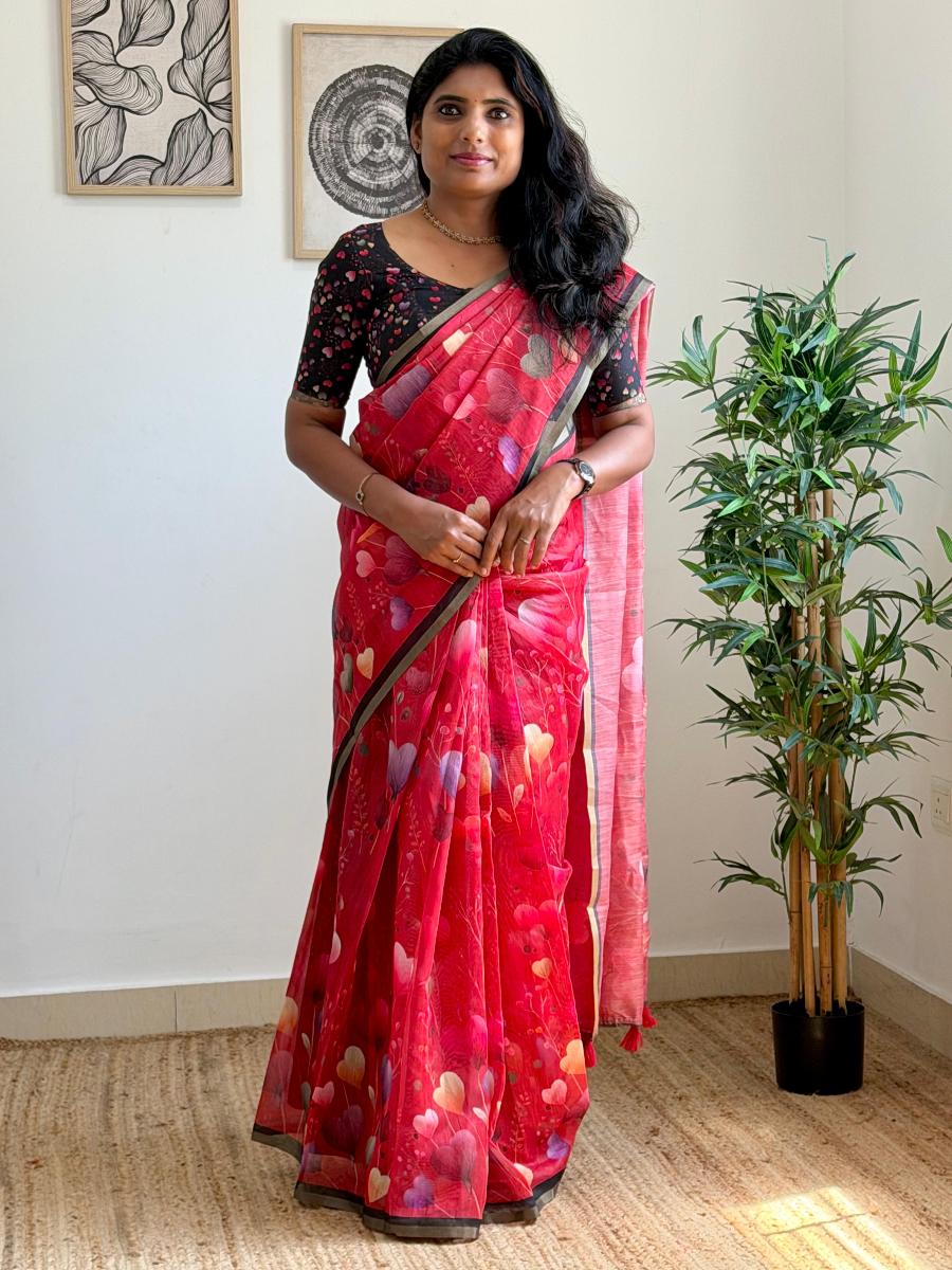 Flying Heart Chanderi With Ready Wear Blouse 