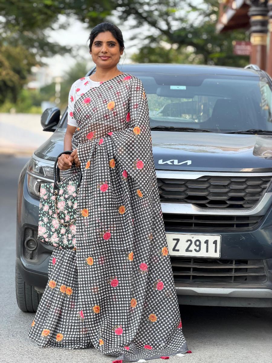 Floral Linen Checks With Ready Wear Blouse 