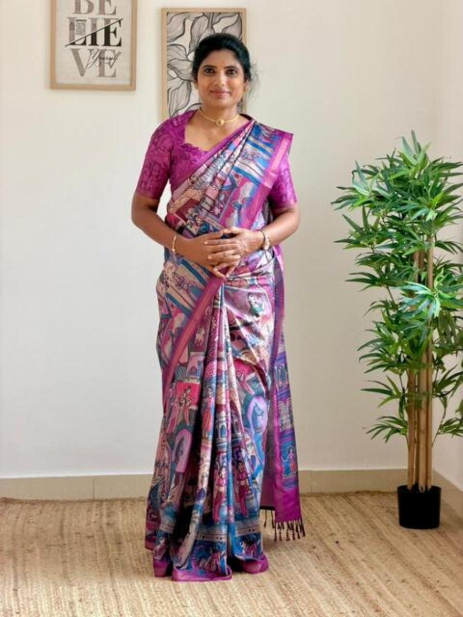 Kalamkari Tussar With Ready Wear Blouse  