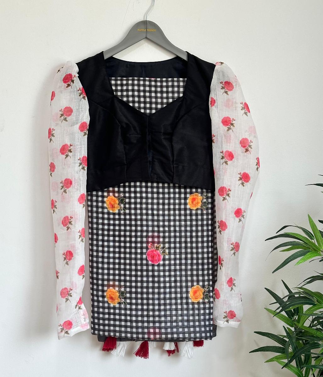 Floral Linen Checks With Ready Wear Blouse