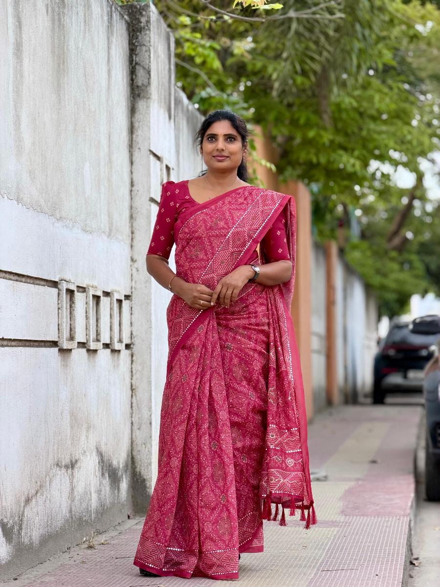 Chanderi Mirror Embroidery With Ready Wear Blouse 