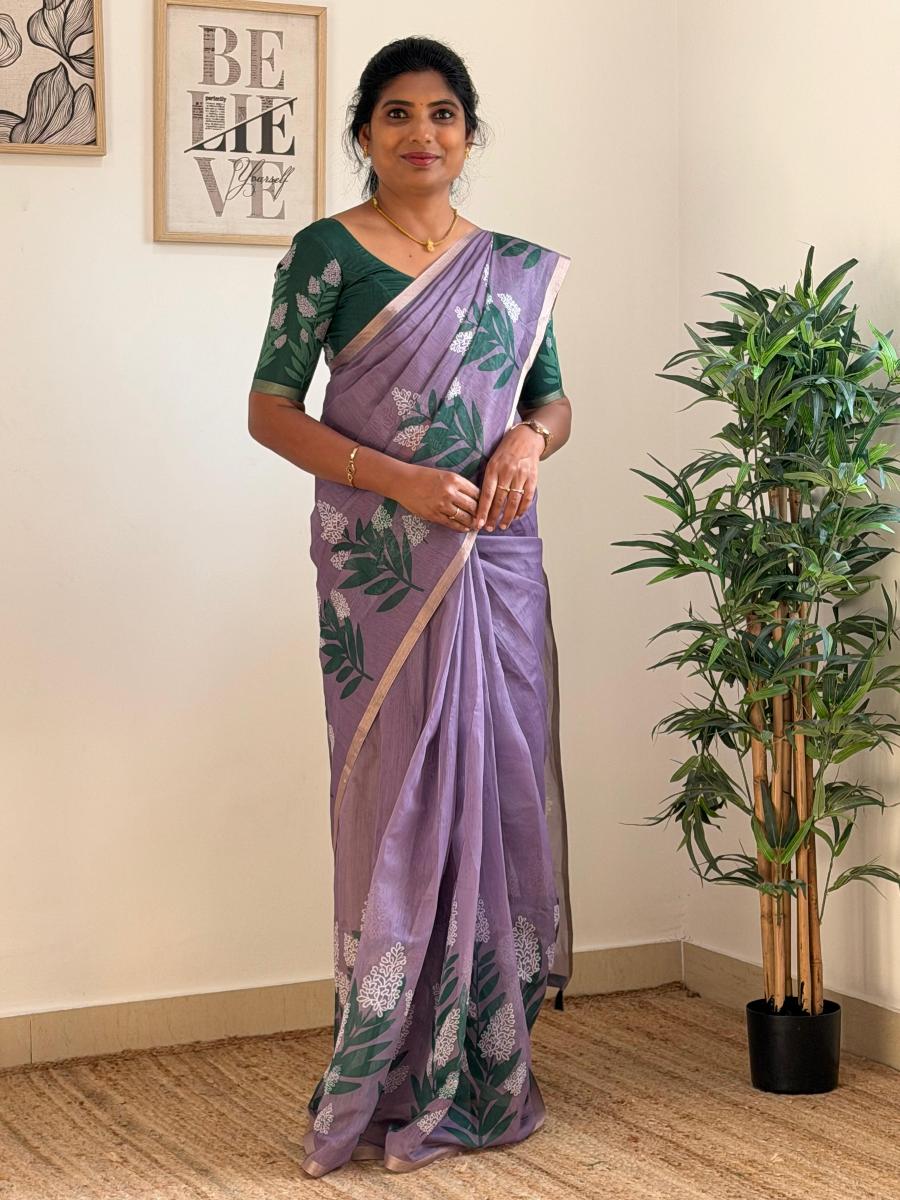 Hyacinth Chanderi With Ready Wear Blouse