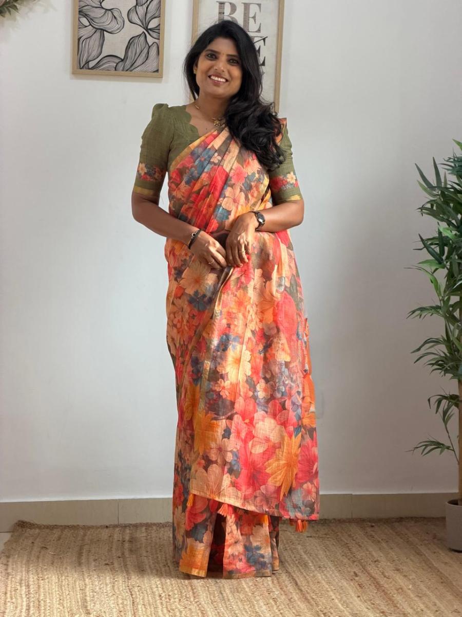 Floral Linen With Ready Wear Blouse