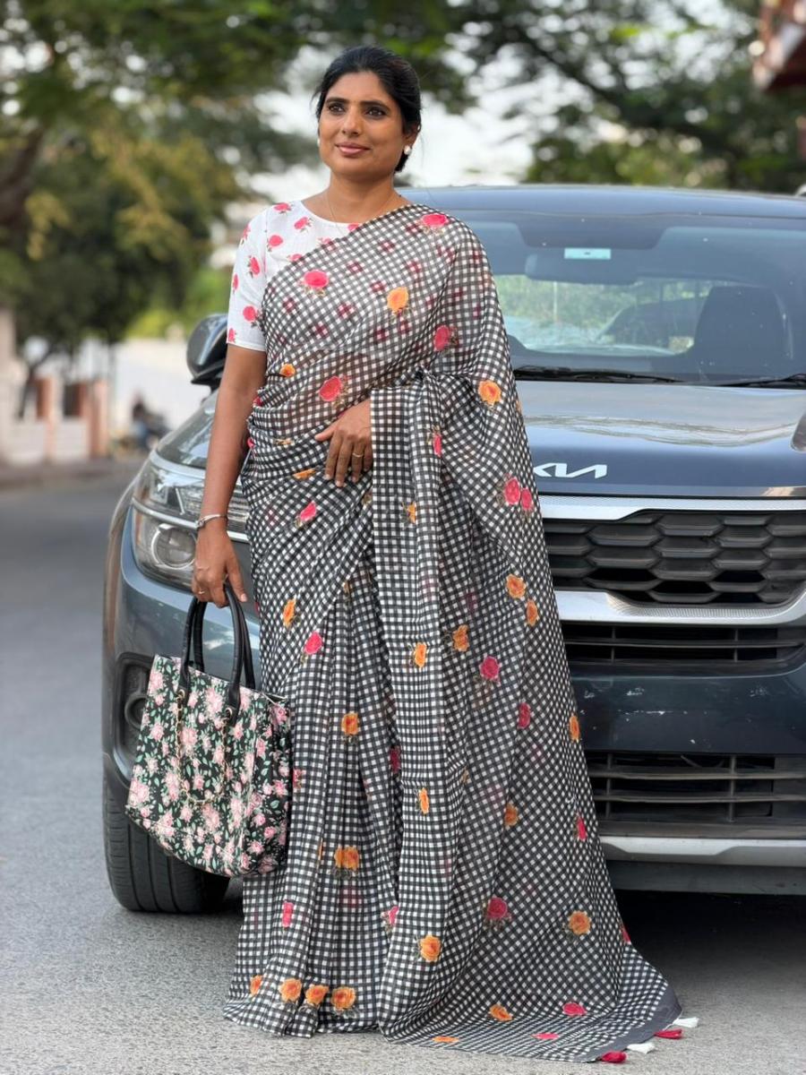 Floral Linen Checks With Ready Wear Blouse 