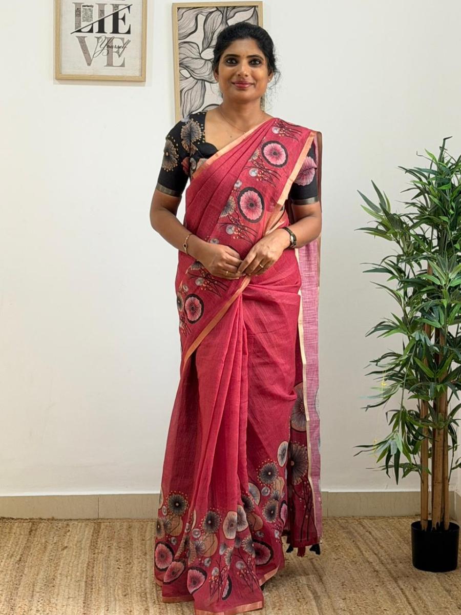 Floral Linen With Ready Wear Blouse 