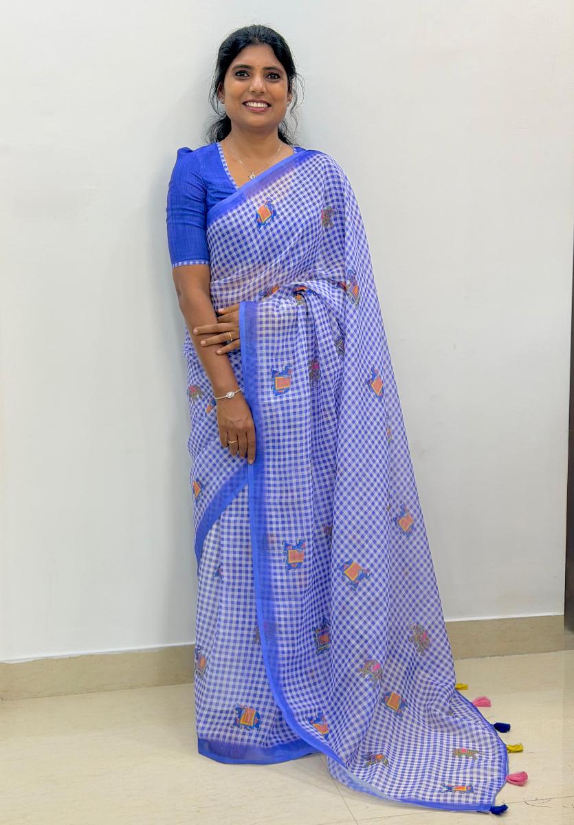 Elephant Linen Checks With Ready Wear Blouse 