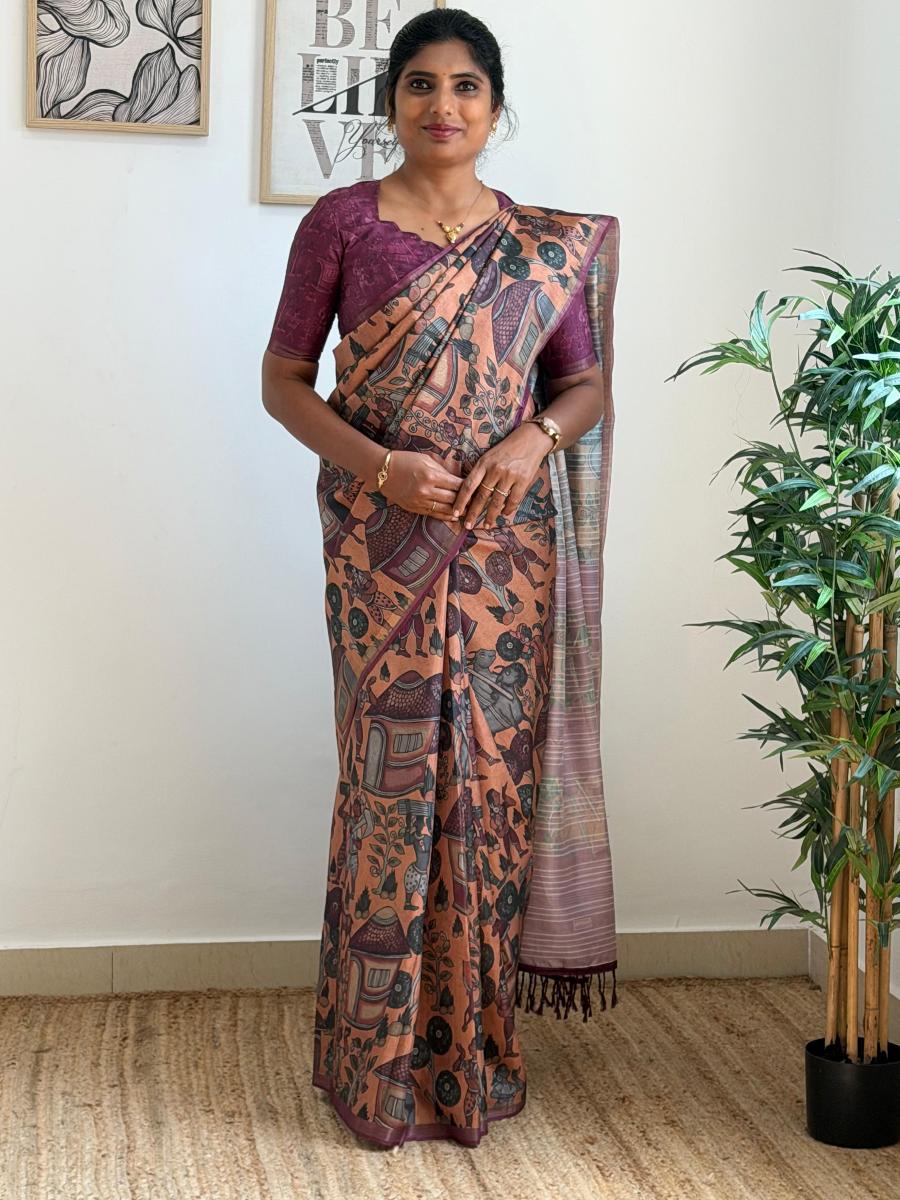 Kalamkari Tussar With Ready Wear Blouse